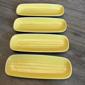 4 Crate & Barrel Yellow Corn Plates Cob Holders Dishes Yellow Lot Kitchen Dinner